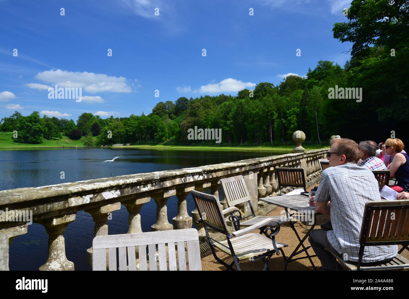 People at Cafe by the lake, Fountains Abbey, Yorkshire Stock Photo Alamy