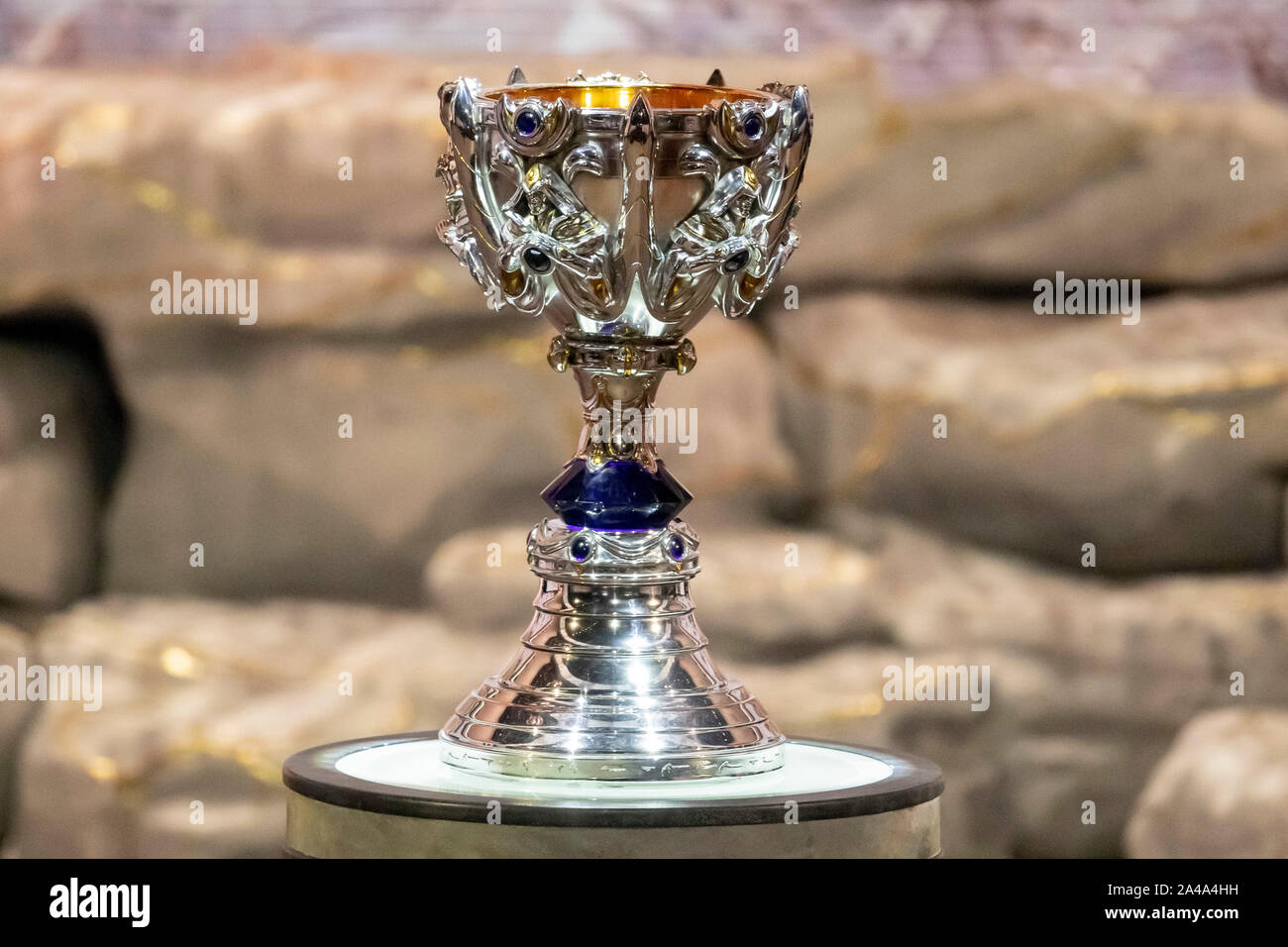 Berlin, Germany. 13th Oct, 2019. The cup of the e-sport League of Legends World  Championship will be on stage in the Verti Music Hall during the group  stage. Credit: Christoph Soeder/dpa/Alamy Live