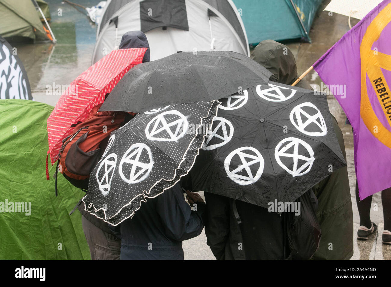 London, UK - 13 October 2019. Climate activists shelter under umbrellas with the Extinction rebellion symbol as they continue their protest for a seventh day while camping  out in Trafalgar Square in an attempt to force the government to declare a climate emergency and meet their demands to reduce to zero carbon emmissions by 2025. Credit: amer ghazzal/Alamy Live News Stock Photo