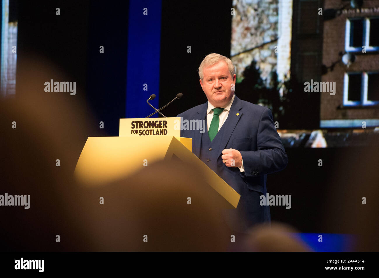 Aberdeen, UK. 13 October 2019.  Pictured: Ian Blackford MP - Westminster Leader for the Scottish National Party (SNP).  Scottish National Party (SNP) Conference at the Aberdeen Exhibition Conference Centre (AECC). Credit: Colin Fisher/Alamy Live News Stock Photo