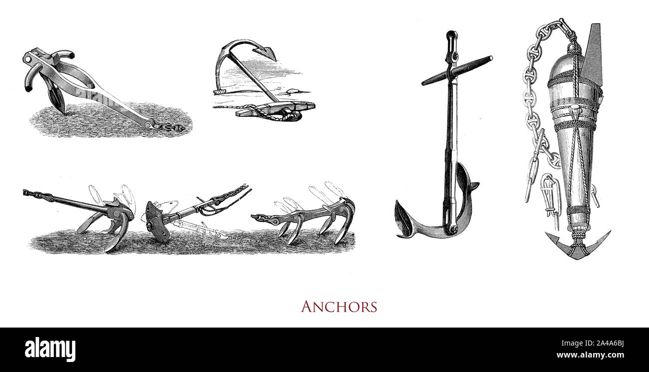 Different kind of anchors: fixed and movable iron stock or stockless connecting the ship hooking the seabed to prevent drifting Stock Photo