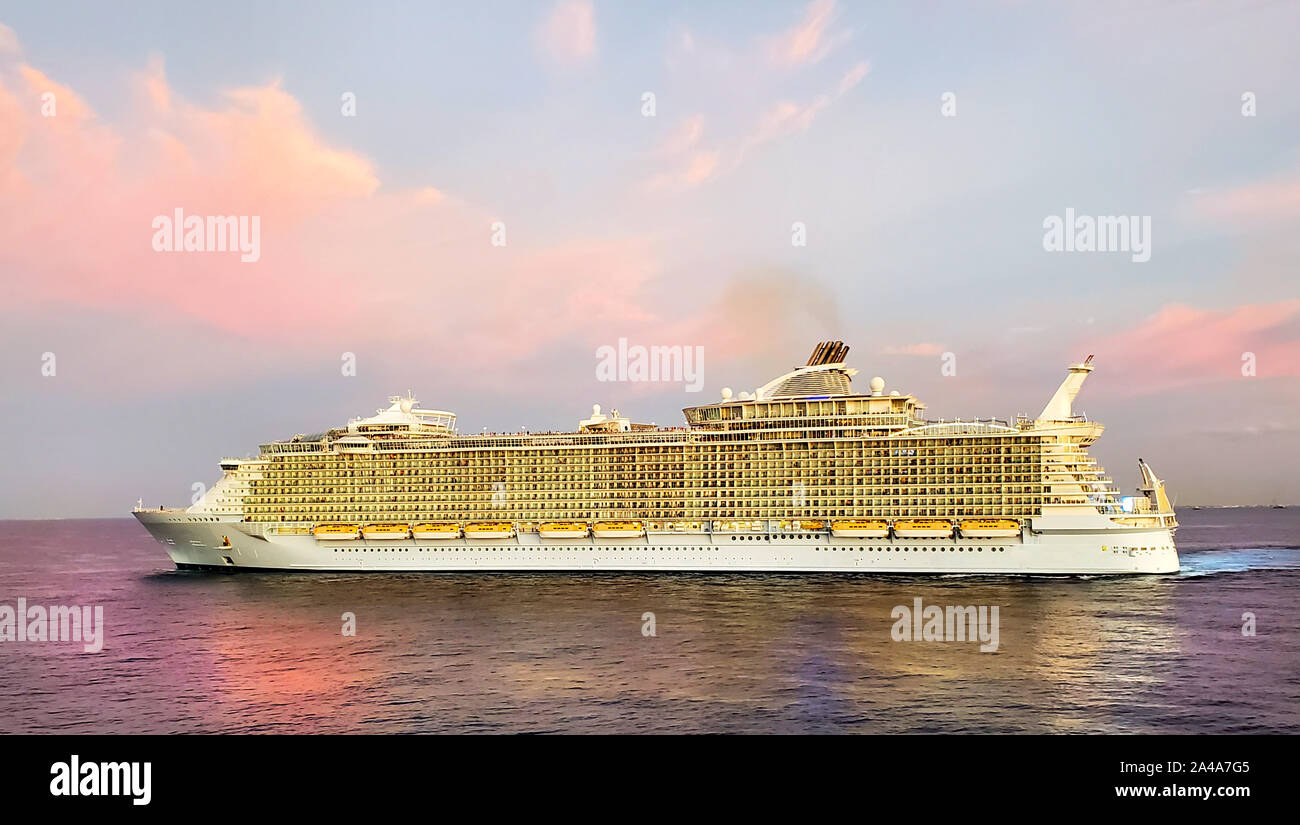 Large luxurious cruise ship sailing through the Gulf of Mexico to Cozumel Stock Photo
