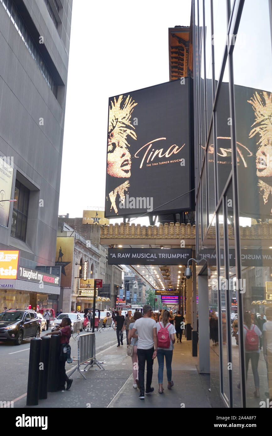 New York, USA. 09th Sep, 2019. An advertisement for the musical 'Tina' is hanging at the Lunt-Fontanne Theatre on Broadway. The musical based on the life of the Queen of Rock'n'Roll Tina Turner will premiere on Broadway in October 2019. Credit: Alexandra Schuler/dpa/Alamy Live News Stock Photo