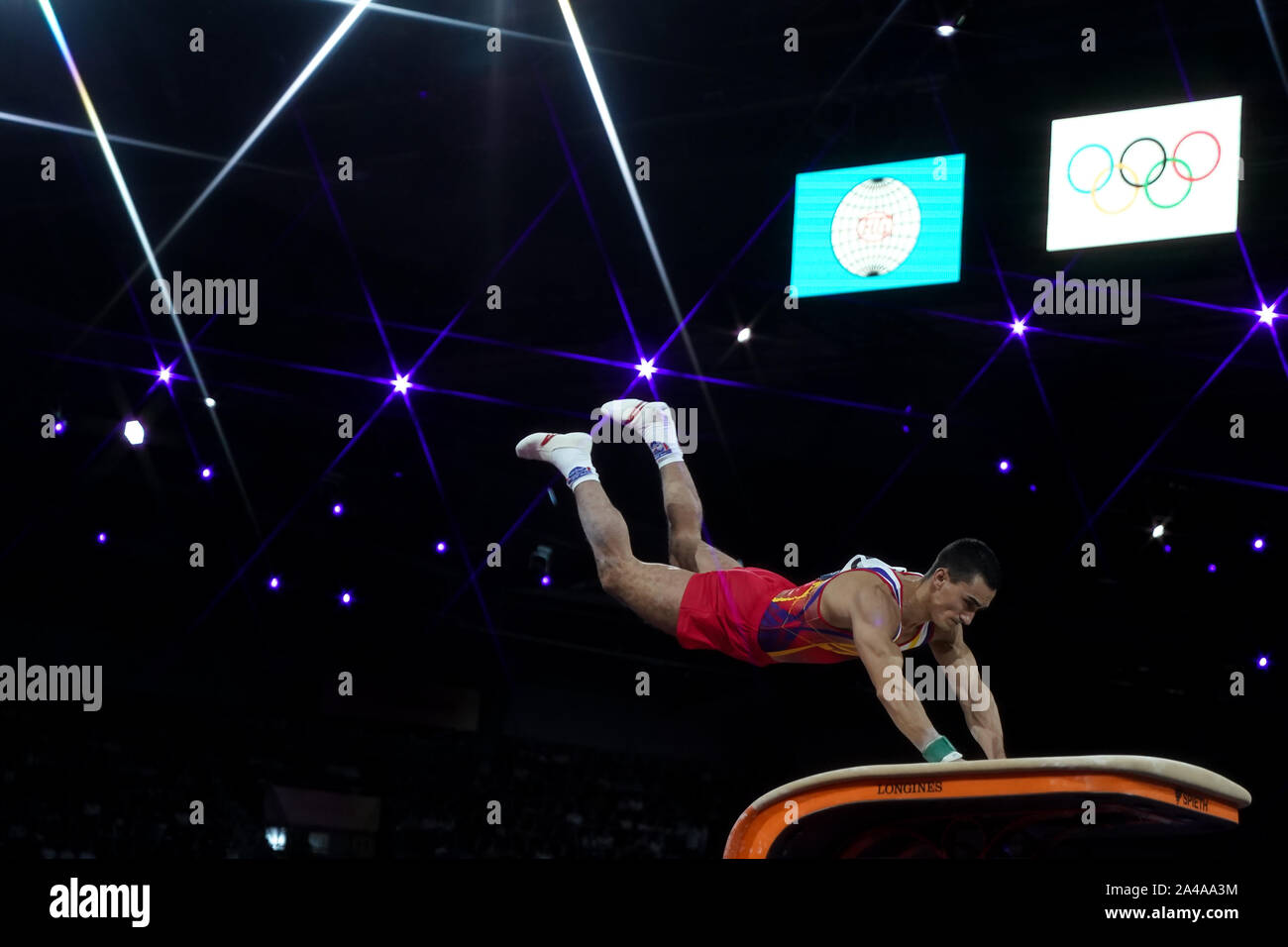 Stuttgart, Germany. 13th Oct, 2019. Marian Dragulescu of Romania competes during the Men's Vault Final at the 2019 FIG Artistic Gymnastics World Championships in Stuttgart, Germany, Oct. 13, 2019. Credit: Zhang Cheng/Xinhua/Alamy Live News Stock Photo