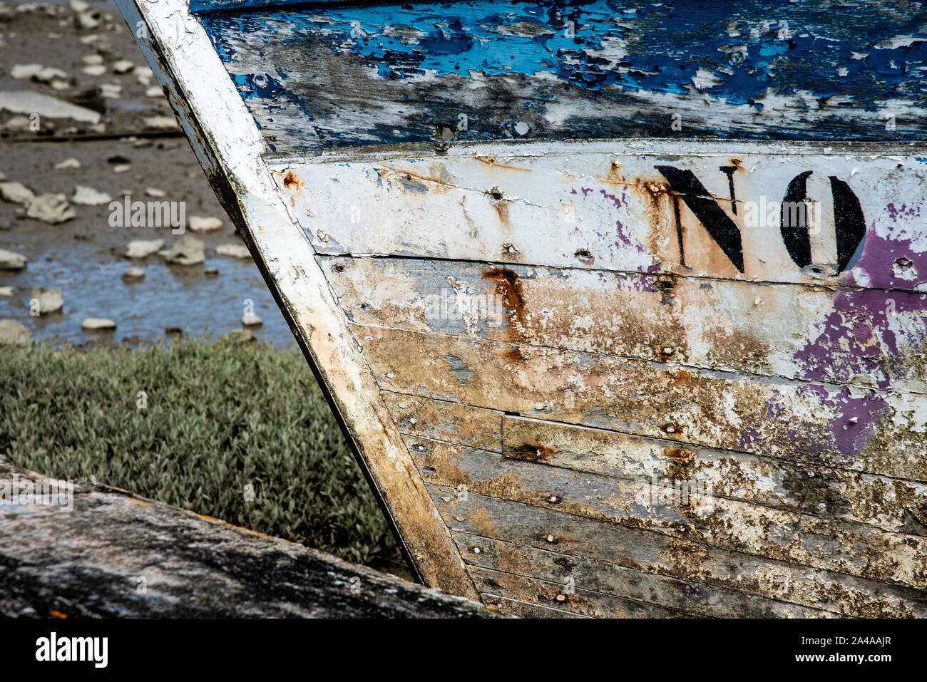 The Noirmoutier boats cemetery. Close up on the bow of the wreck  of an old wooden fishing boat Stock Photo