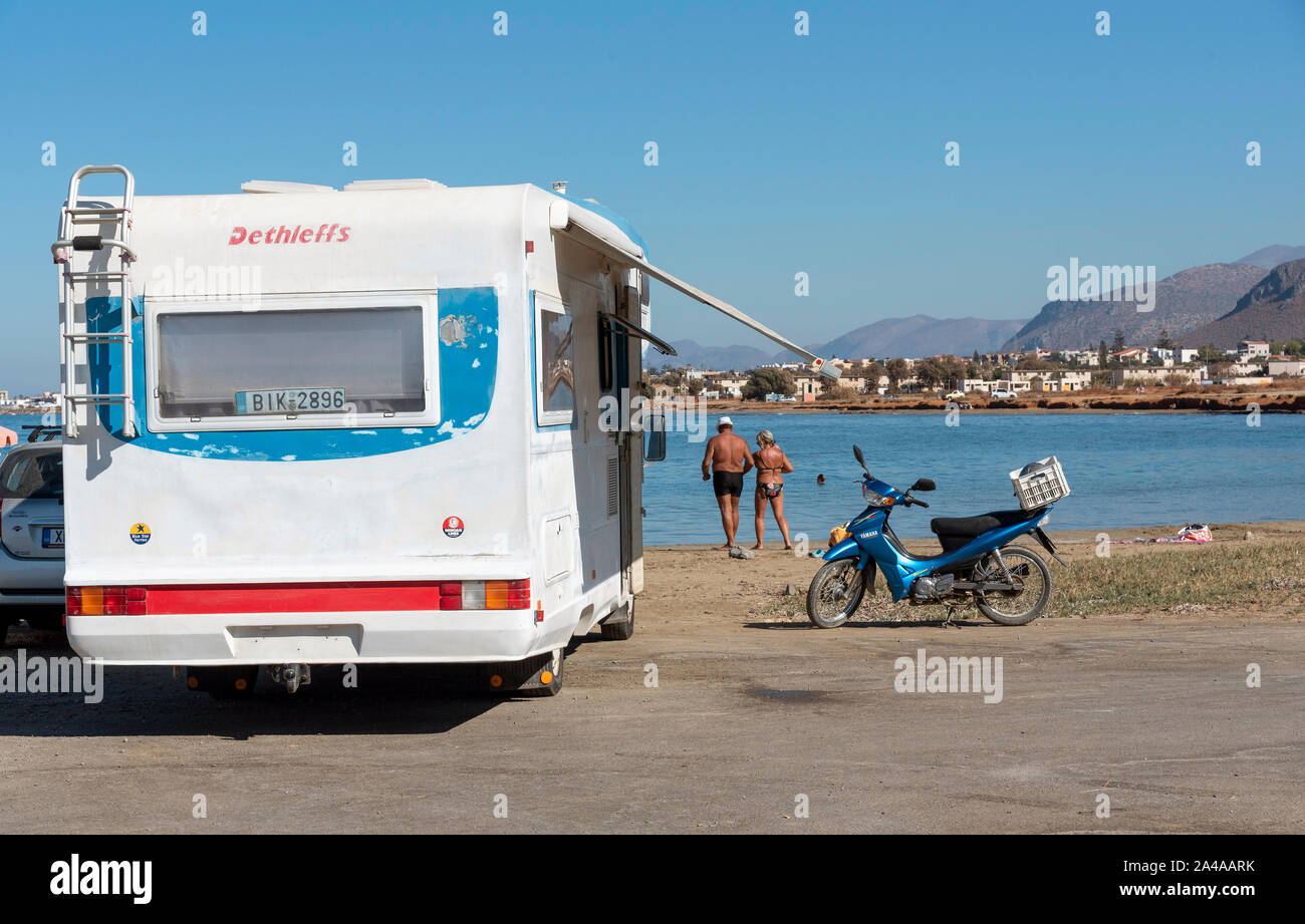 Gouves, Crete, Greece. October 2019. An old motorhome on the beach at Kato Gouves on an area which had been a US military base near Heraklion, Crete. Stock Photo
