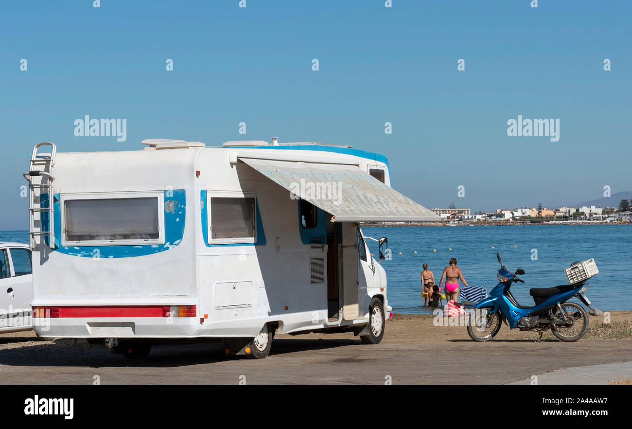 Gouves, Crete, Greece. October 2019. An old motorhome on the beach at Kato Gouves on an area which had been a US military base near Heraklion, Crete. Stock Photo