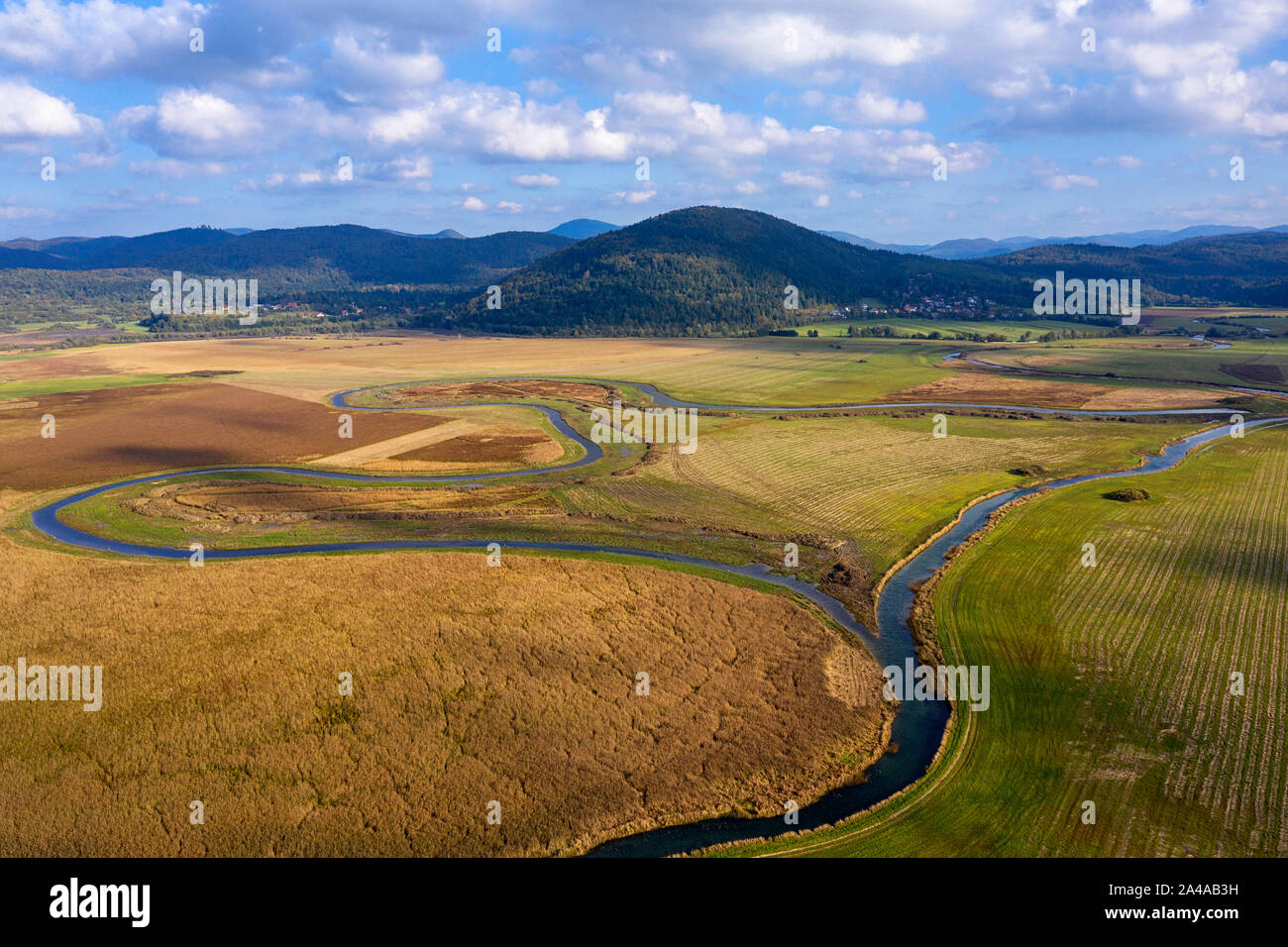Top scenic Aerial view of tributary that flows into Cerknica Lake, Slovenia Stock Photo
