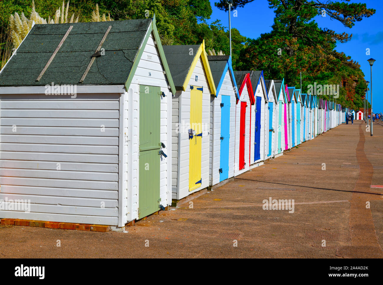 Brightly coloured beach huts at Goodrington Beach, Paignton, in South Devoon Stock Photo