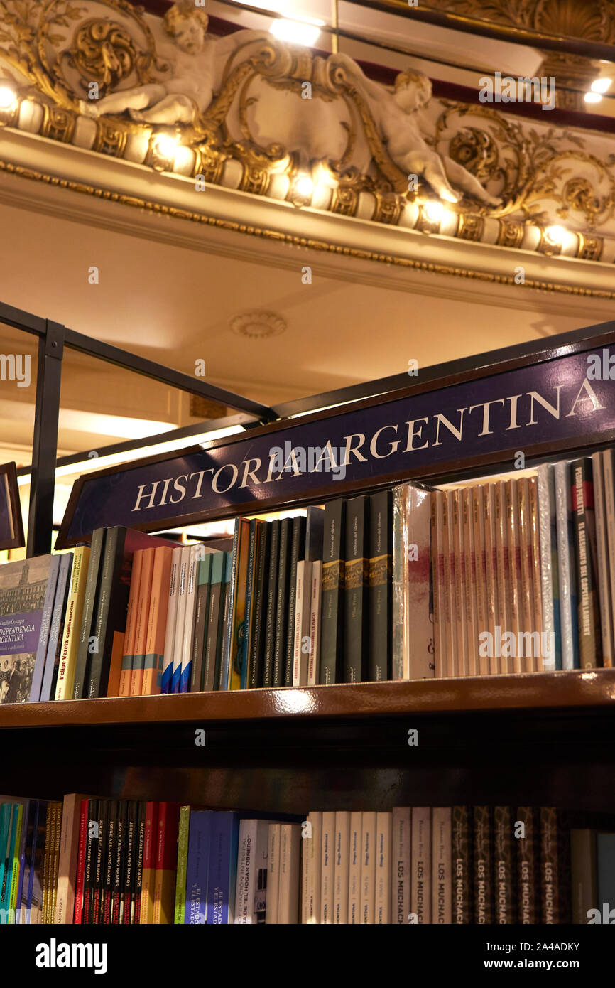 The section about 'Argentine History' inside the Ateneo Grand Splendid bookstore, Recoleta, Buenos Aires, Argentina. Stock Photo