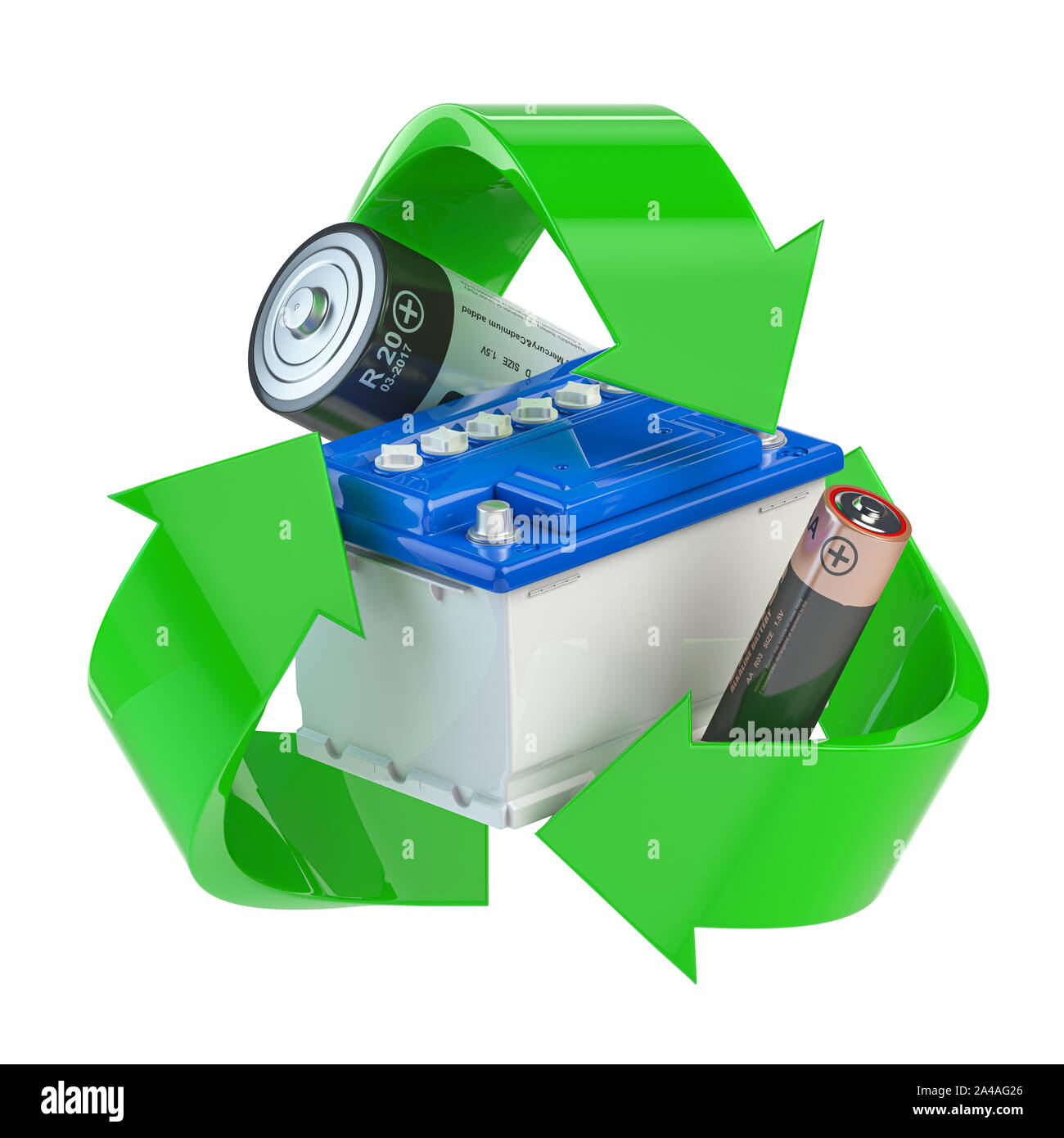 Recycle sign with different types of batteries and car batter. Ecology
