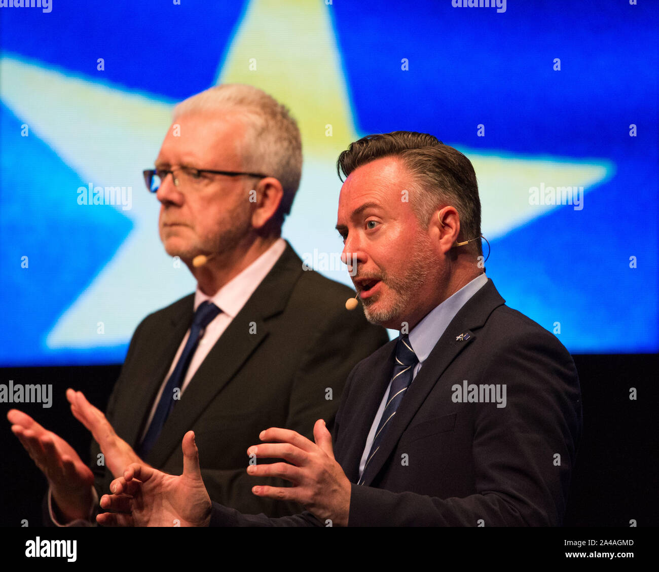 Aberdeen, UK. 13 October 2019.  Pictured: (left-right) Michael Russell MSP; Alyn Smith MEP of the Scottish National Party (SNP). Scottish National Party (SNP) Conference at the Aberdeen Exhibition Conference Centre (AECC). Stock Photo