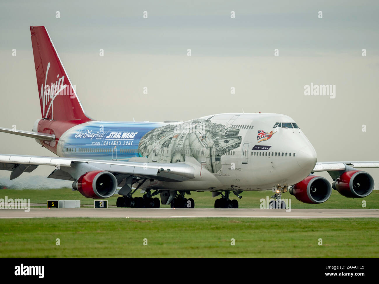 Virgin Alantic, Boeing 747-400 "The Falcon" Star Wars theme Livery,  G-VLIP at Manchester Airport Stock Photo