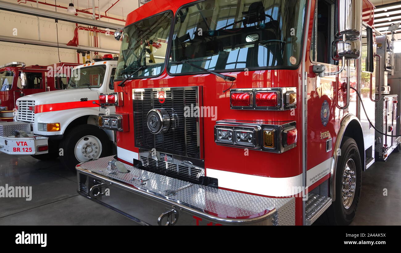 Fire engines are polished to a shine and on display at fire station open house. Stock Photo