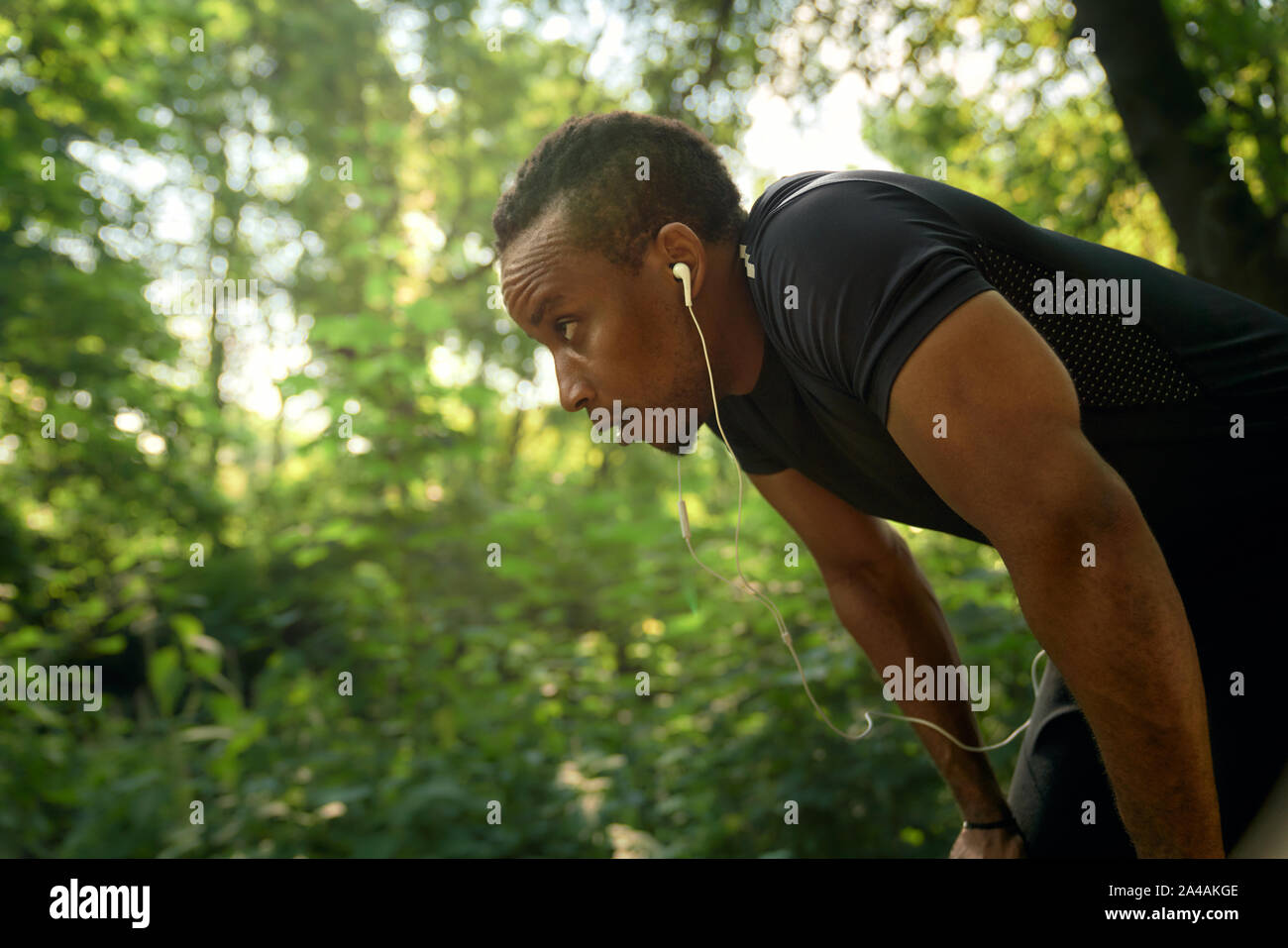 Muscular runner in black t shirt standing, leaning on knees. African sportsman training in forest and listening music with headphones. Concept of workout and motivation. Stock Photo
