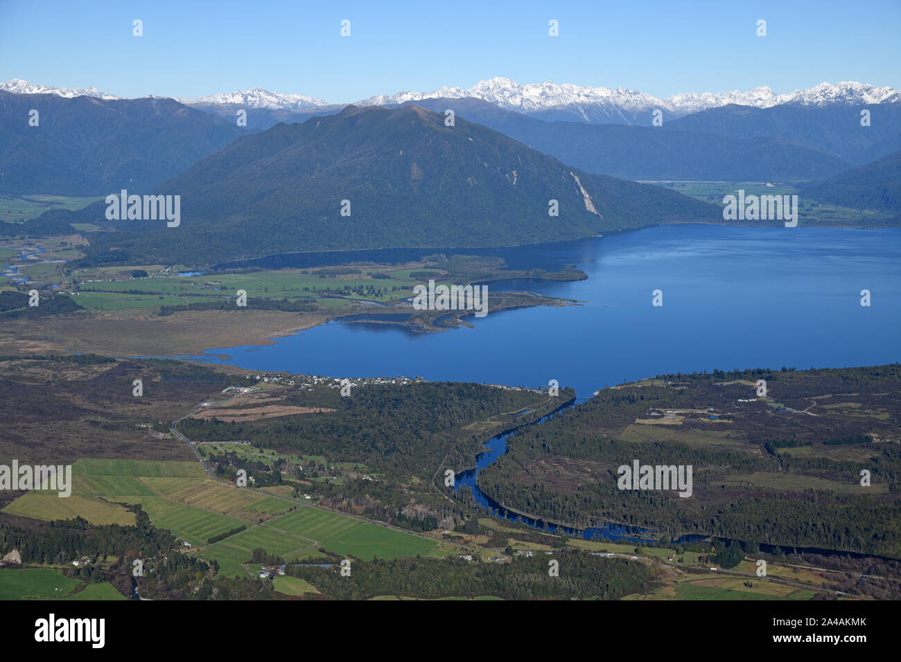 Aerial of Lake Brunner and the settlement of Moana, West Coast, New