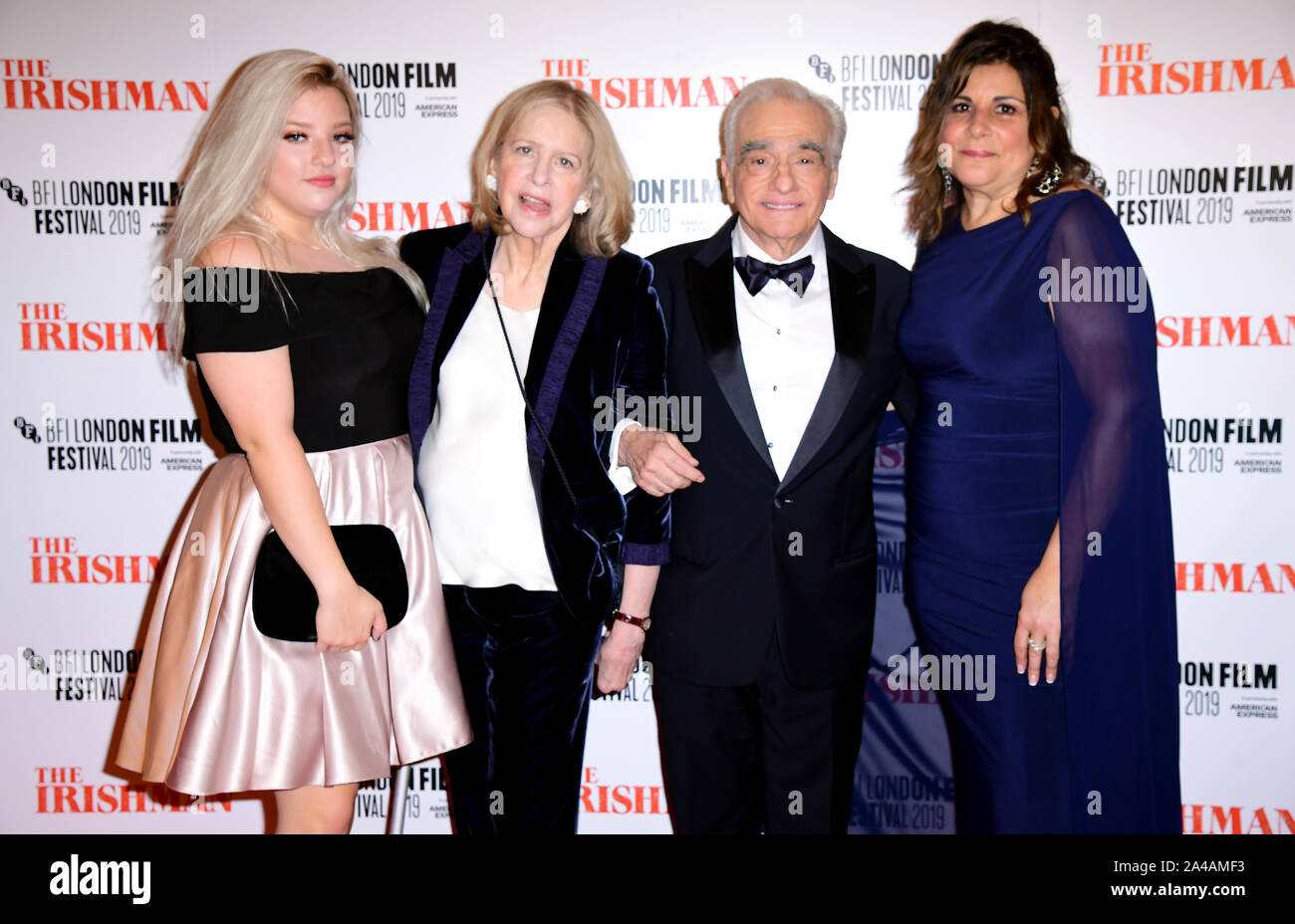 Francesca Scorsese, Helen Morris, Martin Scorsese and Cathy Scorsese attending the Closing Gala and International premiere of The Irishman, held as part of the BFI London Film Festival 2019, London. Stock Photo