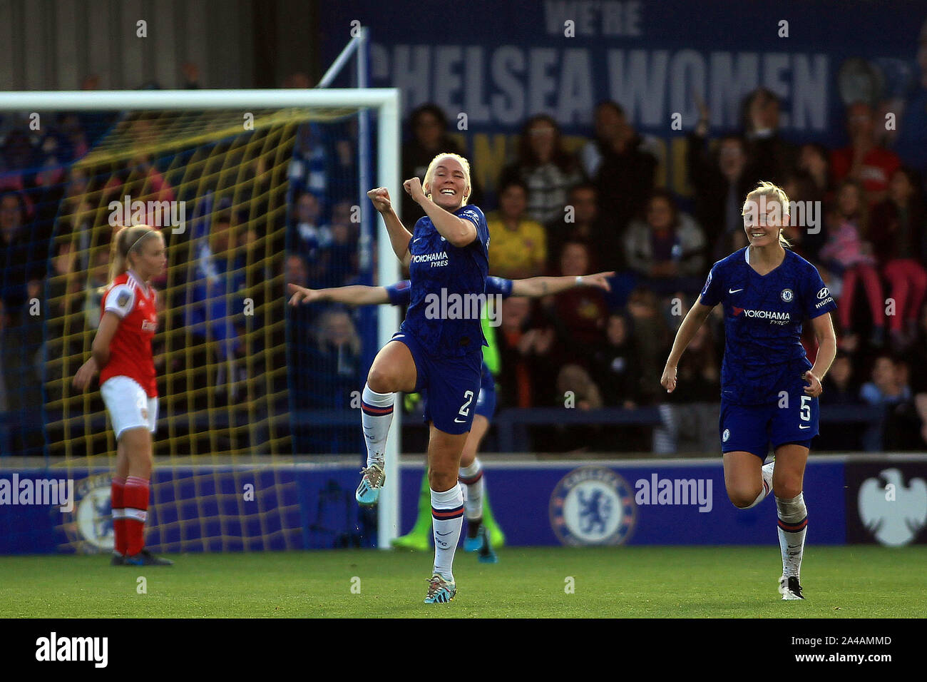 London, UK. 13th Oct, 2019. Maria Thorisdottir of Chelsea Women celebrates scoring her team's second goal. FA Women's super league match, Chelsea women v Arsenal women at Kingsmeadow in Kingston upon Thames, London on Sunday 13th October 2019. this image may only be used for Editorial purposes. Editorial use only, license required for commercial use. No use in betting, games or a single club/league/player publications. pic by Steffan Bowen/ Credit: Andrew Orchard sports photography/Alamy Live News Stock Photo