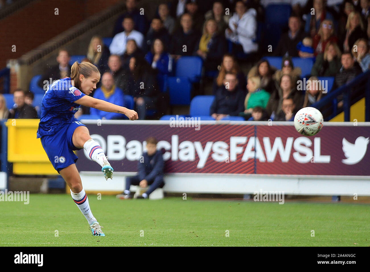 London, UK. 13th Oct, 2019. Guro Reiten of Chelsea Women takes a shot at goal. FA Women's super league match, Chelsea women v Arsenal women at Kingsmeadow in Kingston upon Thames, London on Sunday 13th October 2019. this image may only be used for Editorial purposes. Editorial use only, license required for commercial use. No use in betting, games or a single club/league/player publications. pic by Steffan Bowen/ Credit: Andrew Orchard sports photography/Alamy Live News Stock Photo