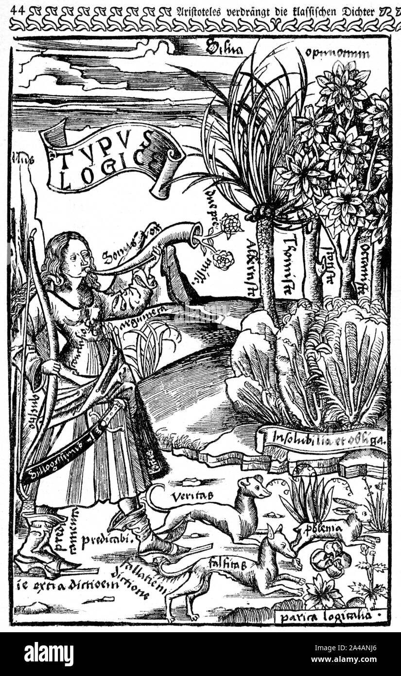 Medieval Allegory of Logic by Murner, Logica memorativa Chartiludium logice. The logic is armed with a bow (question) and a sword (conclusion). Stock Photo