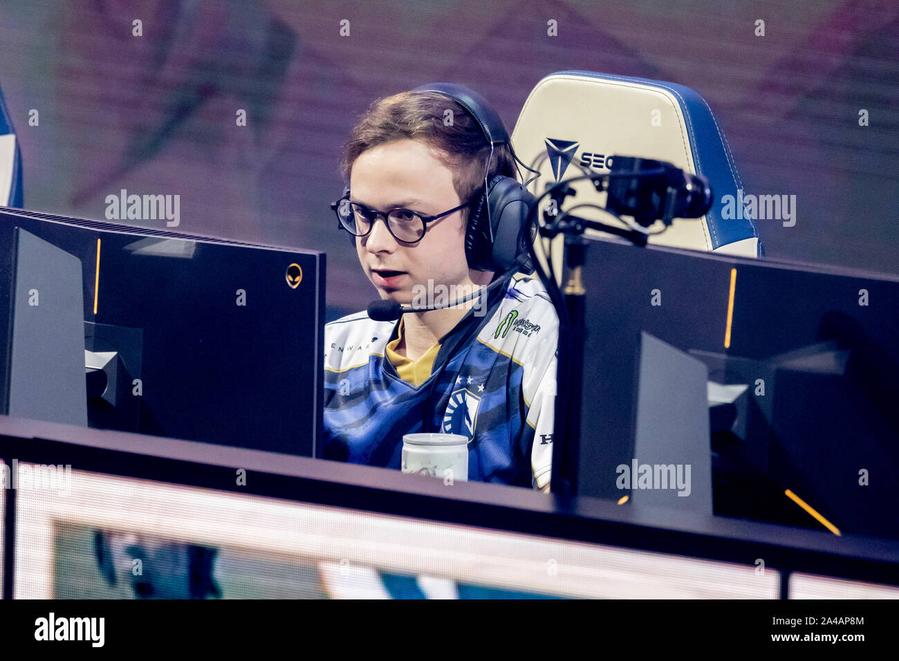 Berlin, Germany. 13th Oct, 2019. Nicolaj 'Jensen' Jensen, Danish e-athlete with Team Liquid, will compete in the group phase of the 'League of Legends' e-sports world championship at the Verti Music Hall. Credit: Christoph Soeder/dpa/Alamy Live News Stock Photo