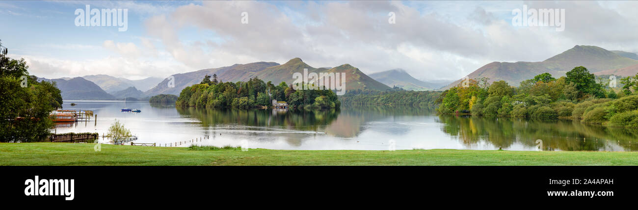 Panorama of the head of Derwentwater in the Lake District showing Derwent Isle and Catbells. Stock Photo