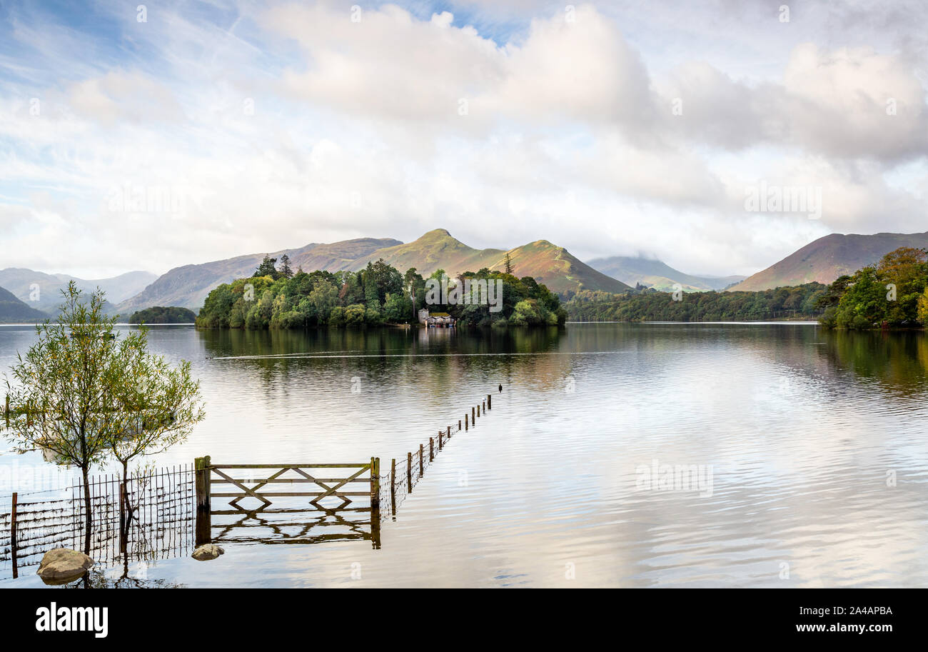 Derwentwater in the Lake District with Derwent Isle and Catbells behind. Stock Photo