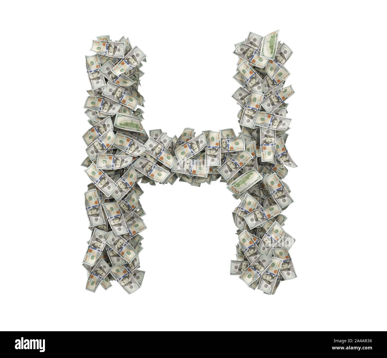 3d rendering of a large isolated large letter H made of many one hundred dollar bills. Money and bills. American currency. Alphabet and letters. Stock Photo
