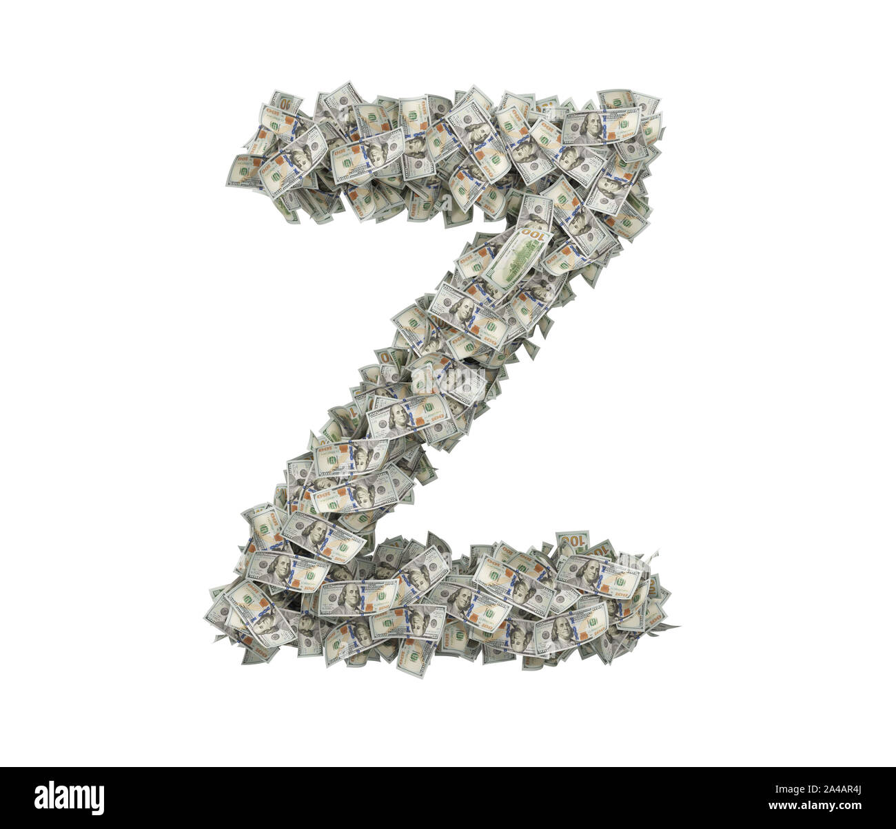 3d rendering of a large isolated large letter Z made of many one hundred dollar bills. Money and bills. American currency. Alphabet and letters. Stock Photo