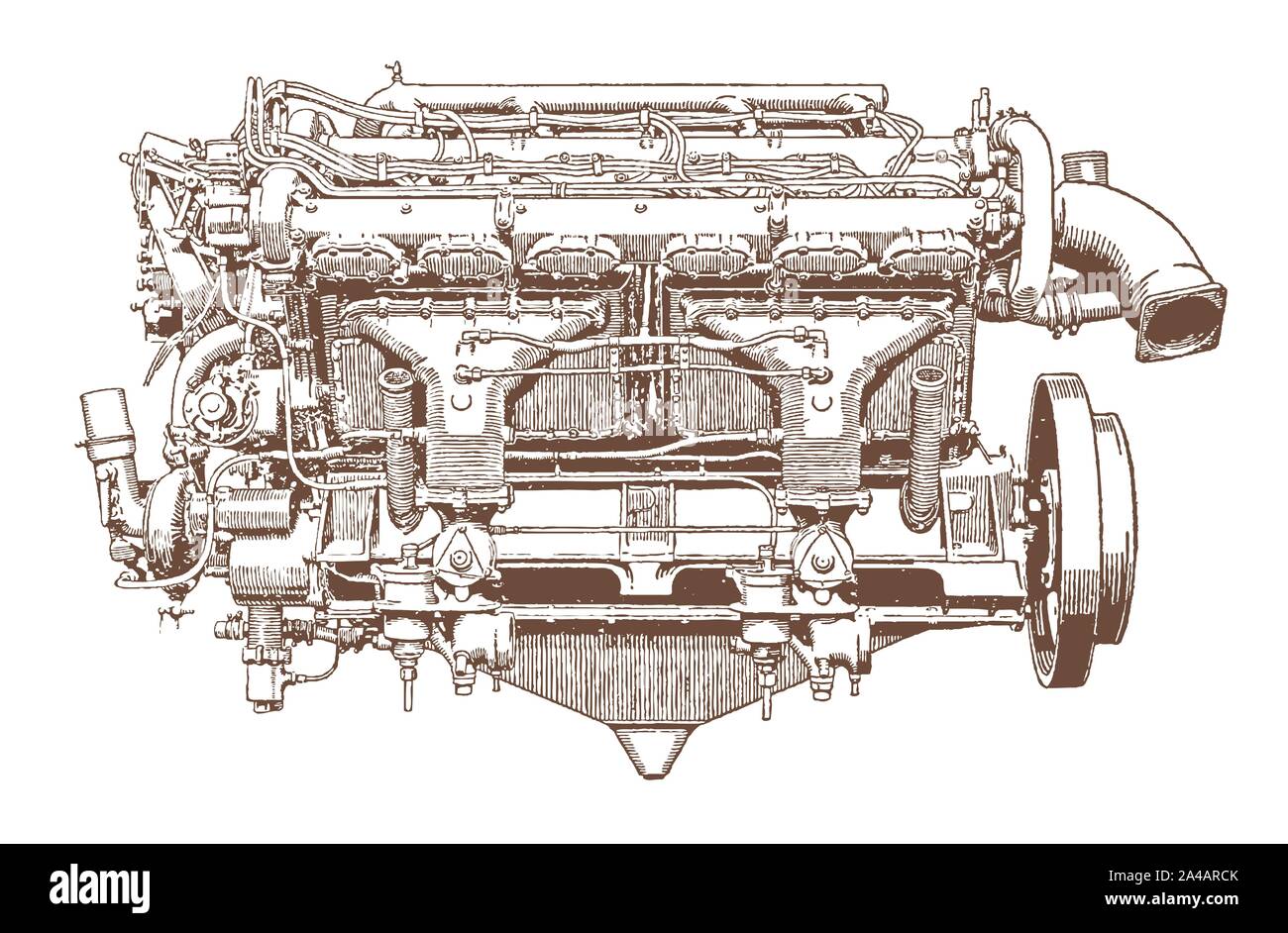 Historical 12-cylinder aircraft engine in side view. Illustration after a lithography from the early 20th century Stock Vector