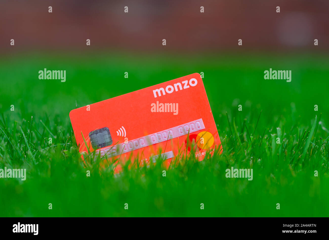 MONZO bank card on the grass. All sensitive information on the card is covered by stickers with dummy numbers. Stock Photo