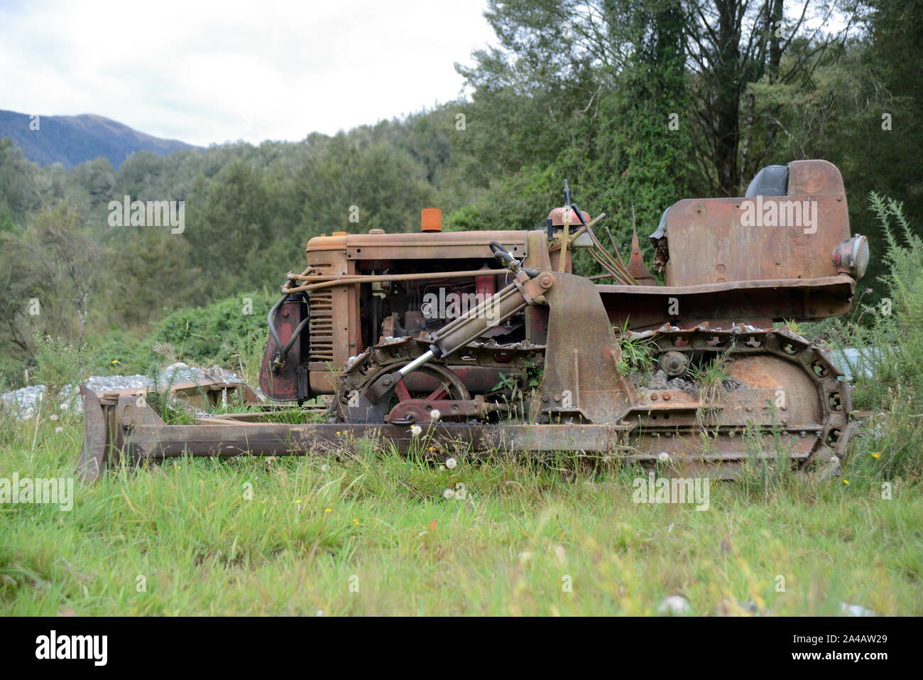 An abandoned dozer rests among large trees on a hillside in New Zealand Stock Photo