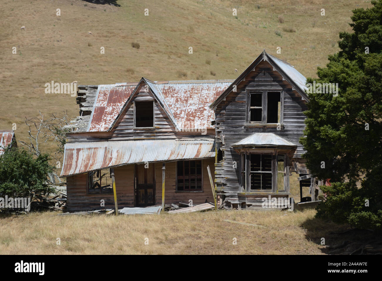 An abandoned farm homestead rests among large trees on a hillside in