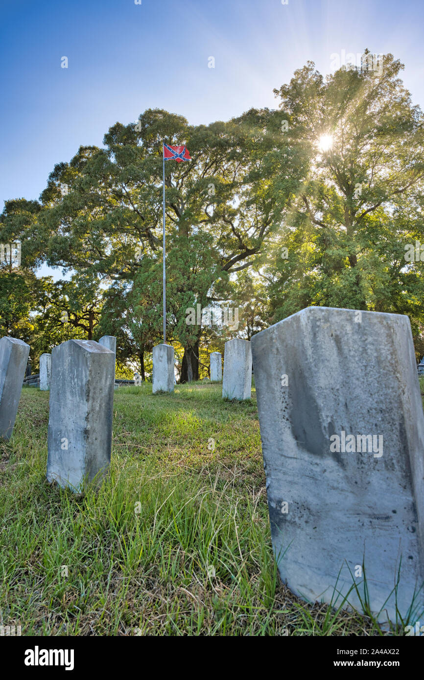 Confederate cemetery with headstones or tombstones or grave markers for unknown confederate soldiers in Oakwood Cemetery, Montgomery Alabama, USA. Stock Photo