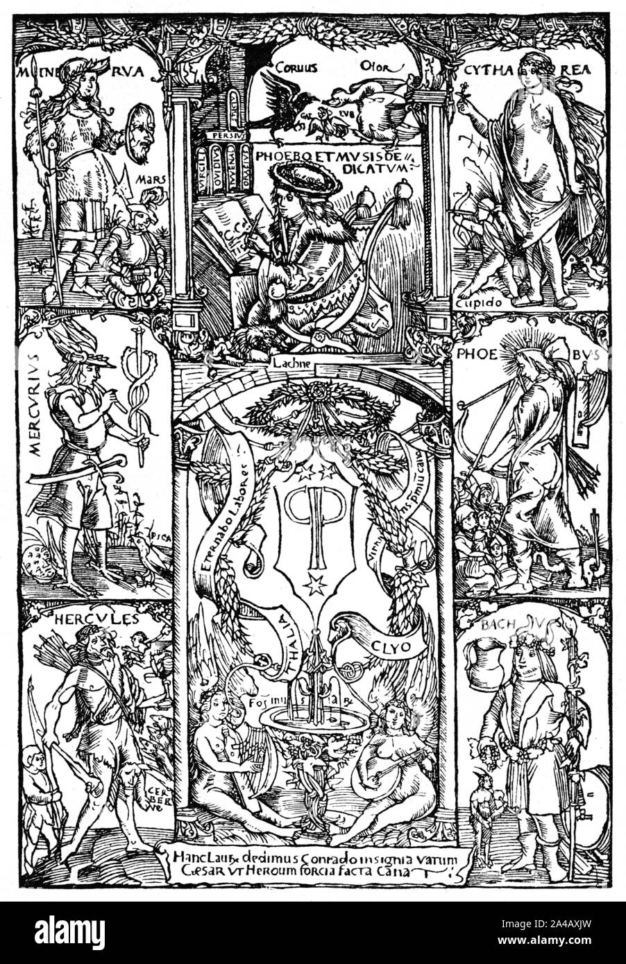 Renaissance, Scholar, Woodcut, Muses, Thalia, Elio with harp and lute, Konrad Celtis, quator libri amorum Stock Photo