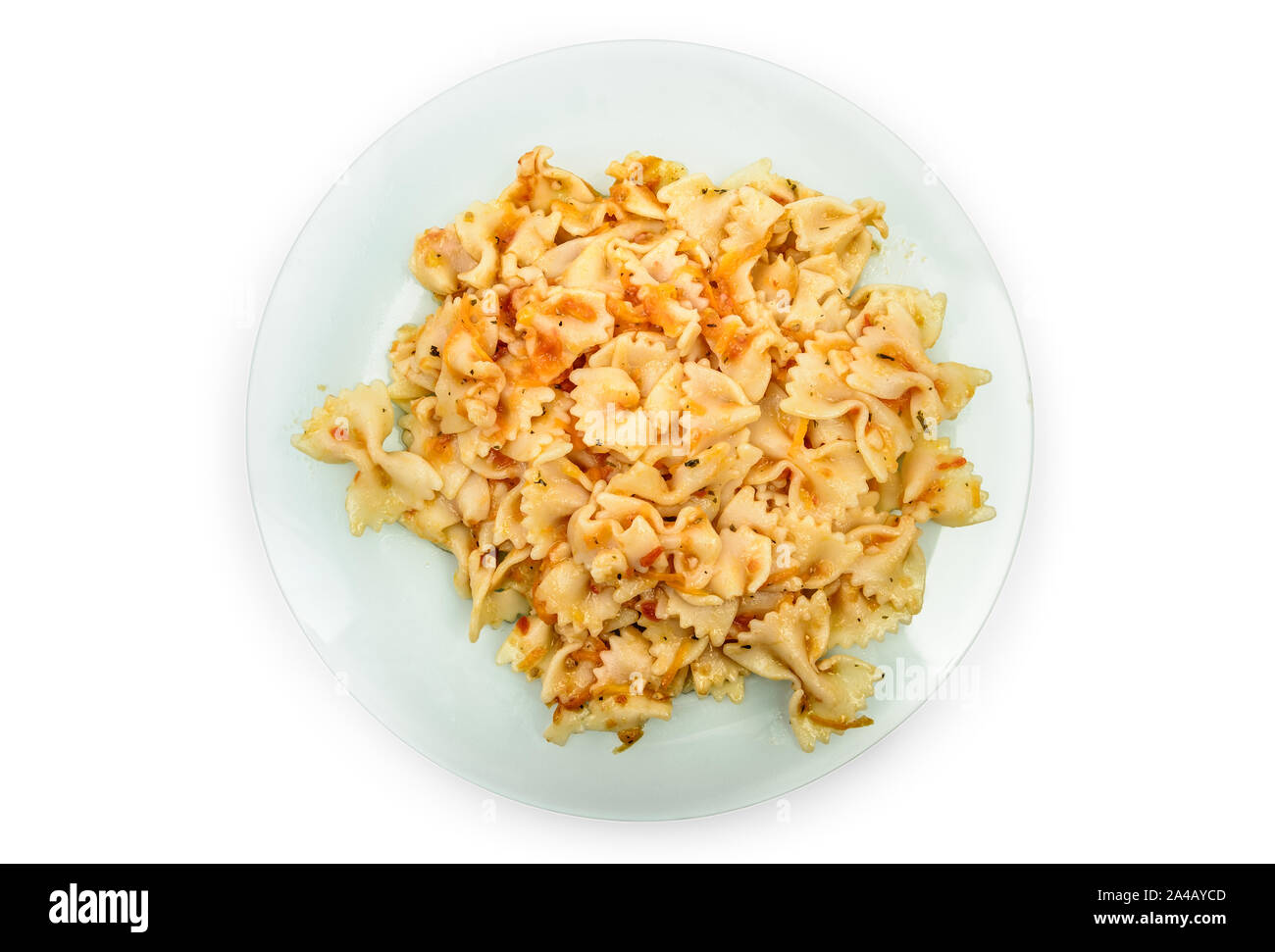 Fresh cooked farfalle pasta, served in dish with tomato sauce isolated on white with clipping path top view Stock Photo