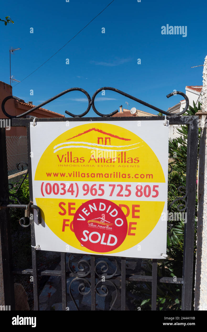 Spanish property market. Real estate property estate agent Villas Amarillas sale board, for sale