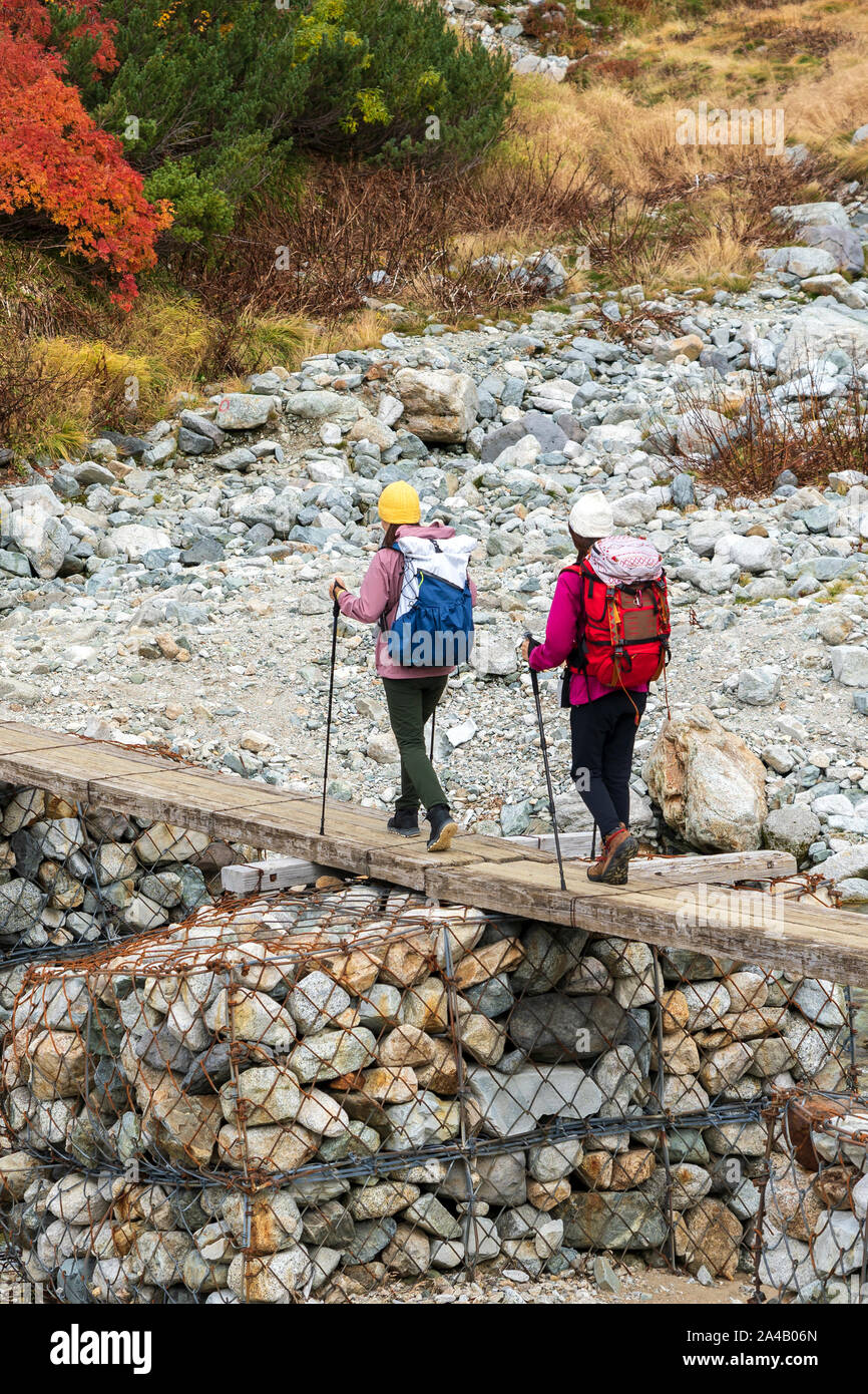 Couple Of Girls Are Hiking. Two Ladies Walking Over Mountain River. Full  Equipment Women Doing Outdoor Activities By Crossing The Bridge Stock Photo  - Alamy