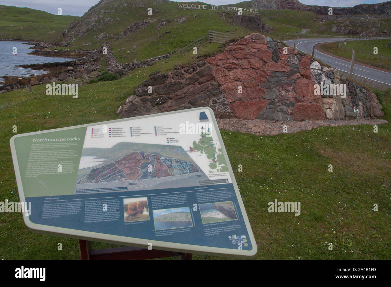 Information board outlining the geology of Northmavine, situated near Mavis Grind, Brae, Shetland, Scotland Stock Photo