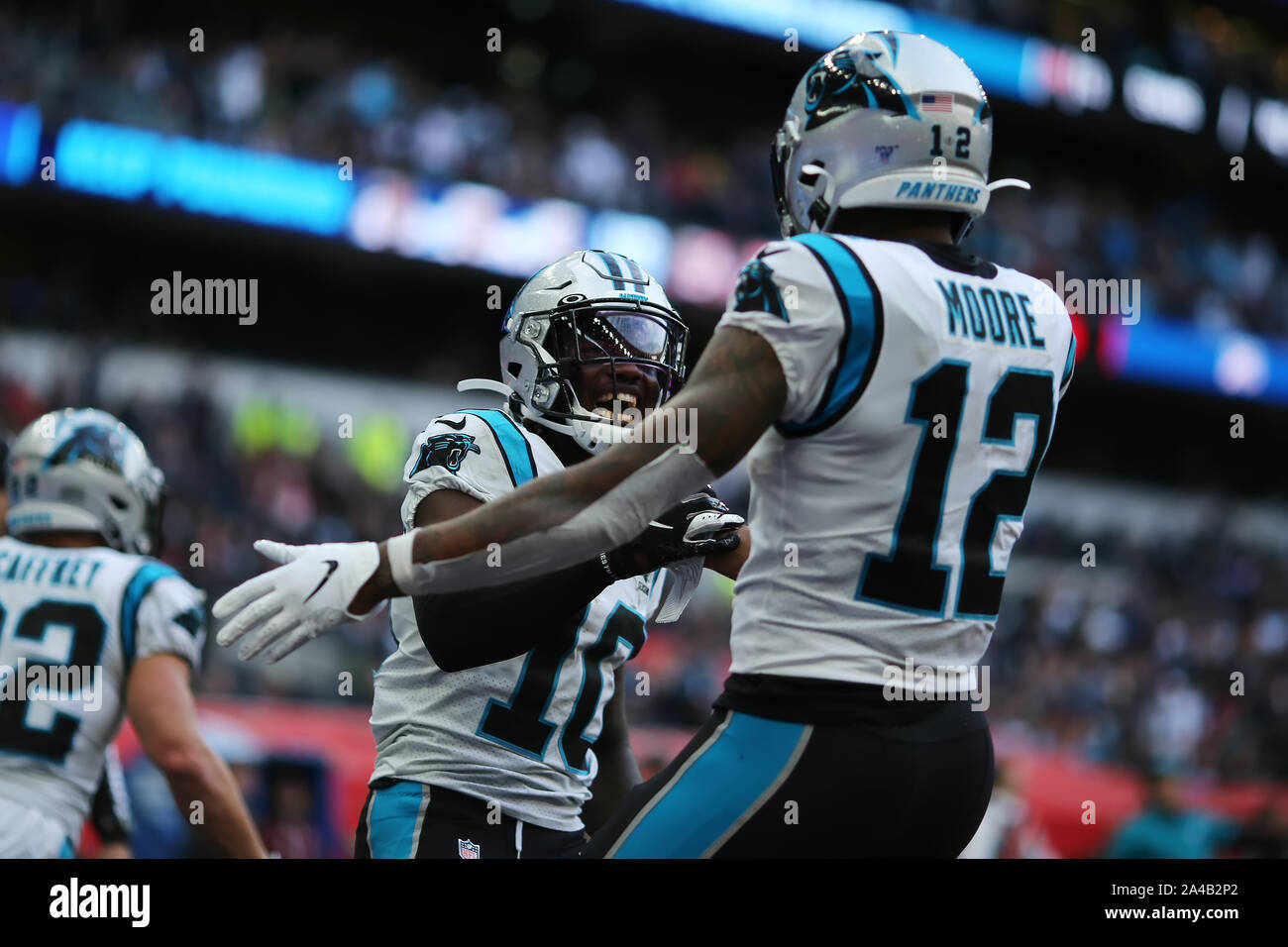 Tottenham Hotspur Stadium, London, UK. 13th Oct, 2019. National Football League, Carolina Panthers versus Tampa Bay Buccaneers; Carolina Panthers Wide Receiver Curtis Samuel (10) celebrates his first touchdown with D. J. Moore (12) -Editorial Use Credit: Action Plus Sports/Alamy Live News Stock Photo