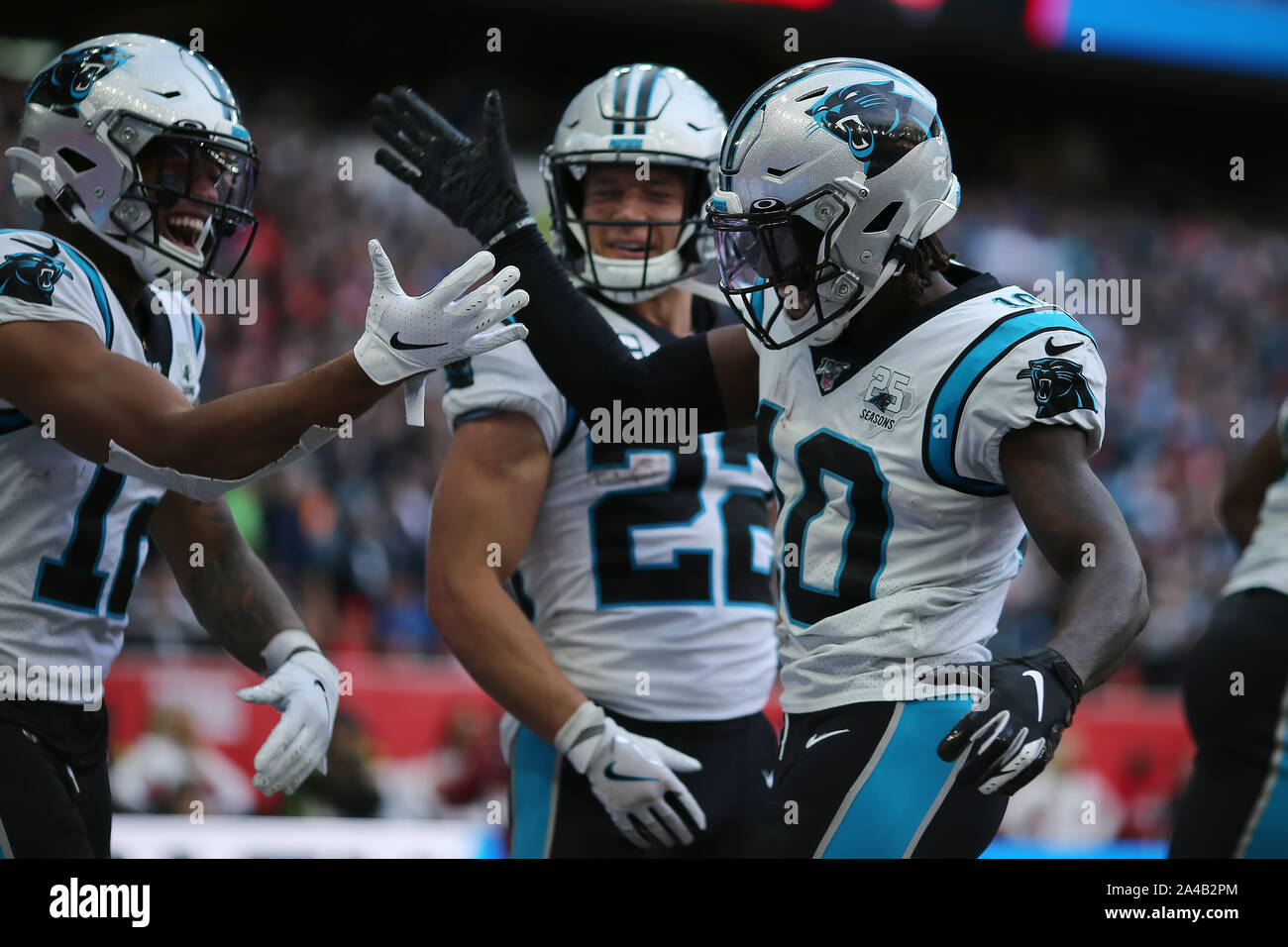 Tottenham Hotspur Stadium, London, UK. 13th Oct, 2019. National Football League, Carolina Panthers versus Tampa Bay Buccaneers; Carolina Panthers Wide Receiver Curtis Samuel (10) celebrates as he scores a touch down -Editorial Use Credit: Action Plus Sports/Alamy Live News Stock Photo