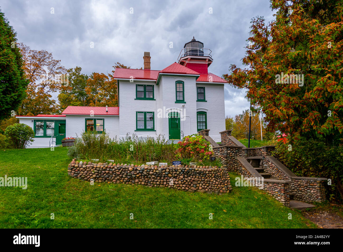 Grand Traverse Lighthouse in the fall near Northport, Michigan, USA. Stock Photo
