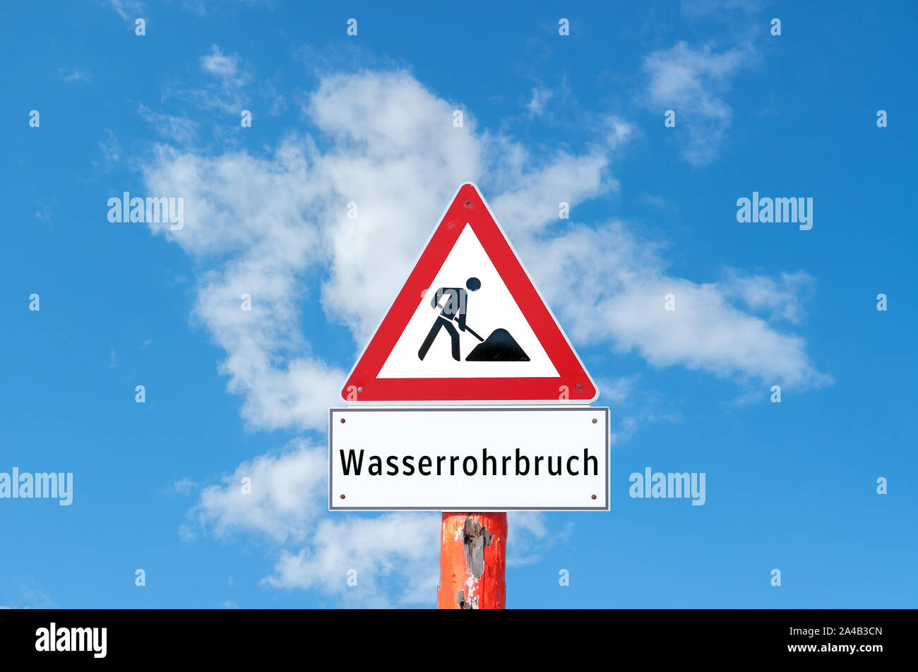 Warning Sign water pipe break in germany Stock Photo