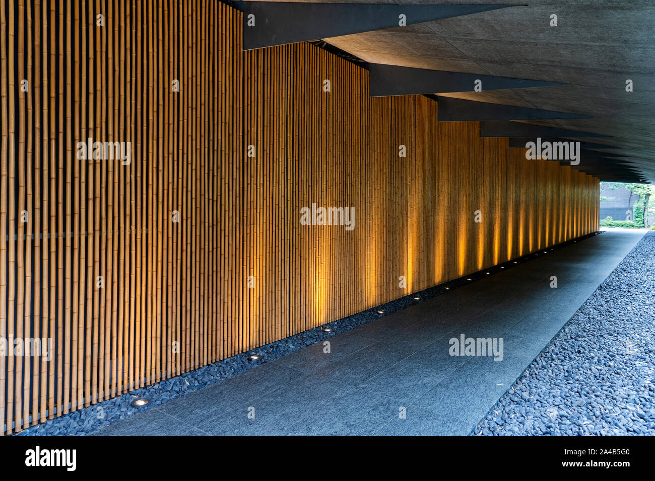 Bottom Lighting of Bamboo Wall Along the Corridor. Stock Photo