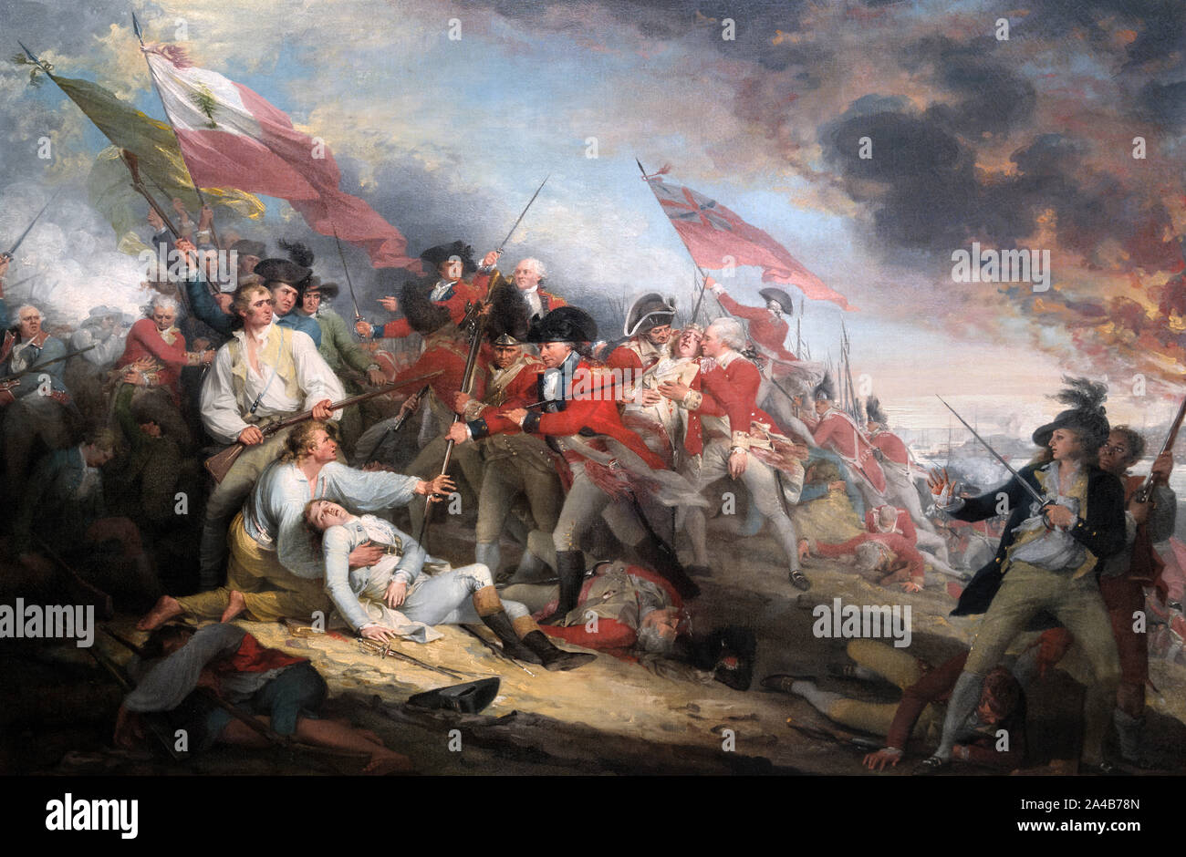 The Battle of Bunker Hill, June 17, 1775 by John Trumbull, oil on canvas, 1786. The painting depicts the moment when American Major General Joseph Warren was mortally wounded by a musket ball and is saved from being bayonetted by British Major John Small. Stock Photo