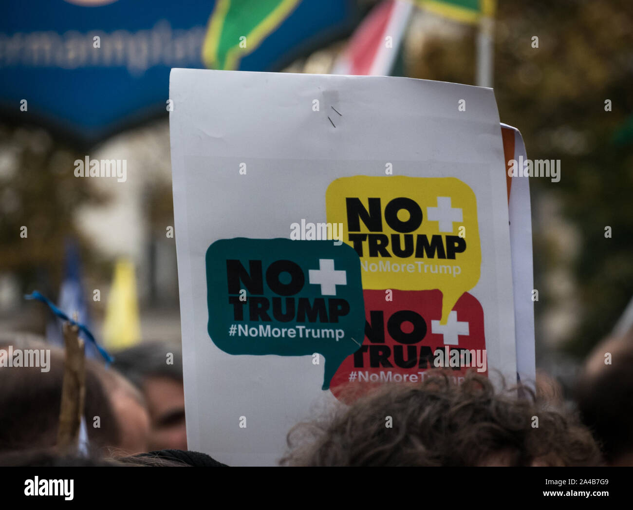 Berlin/Germany: Demostration and protest against Turkish offensive against the Kurds, cardboard with 'No Trump' as sign against US policies Stock Photo