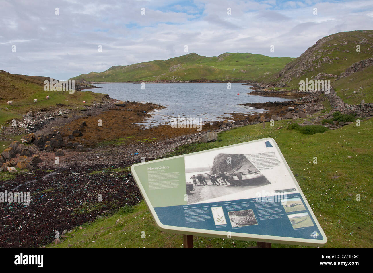 Mavis Grind information and viewpoint, Brae, Mainland Shetland, Scotland Stock Photo