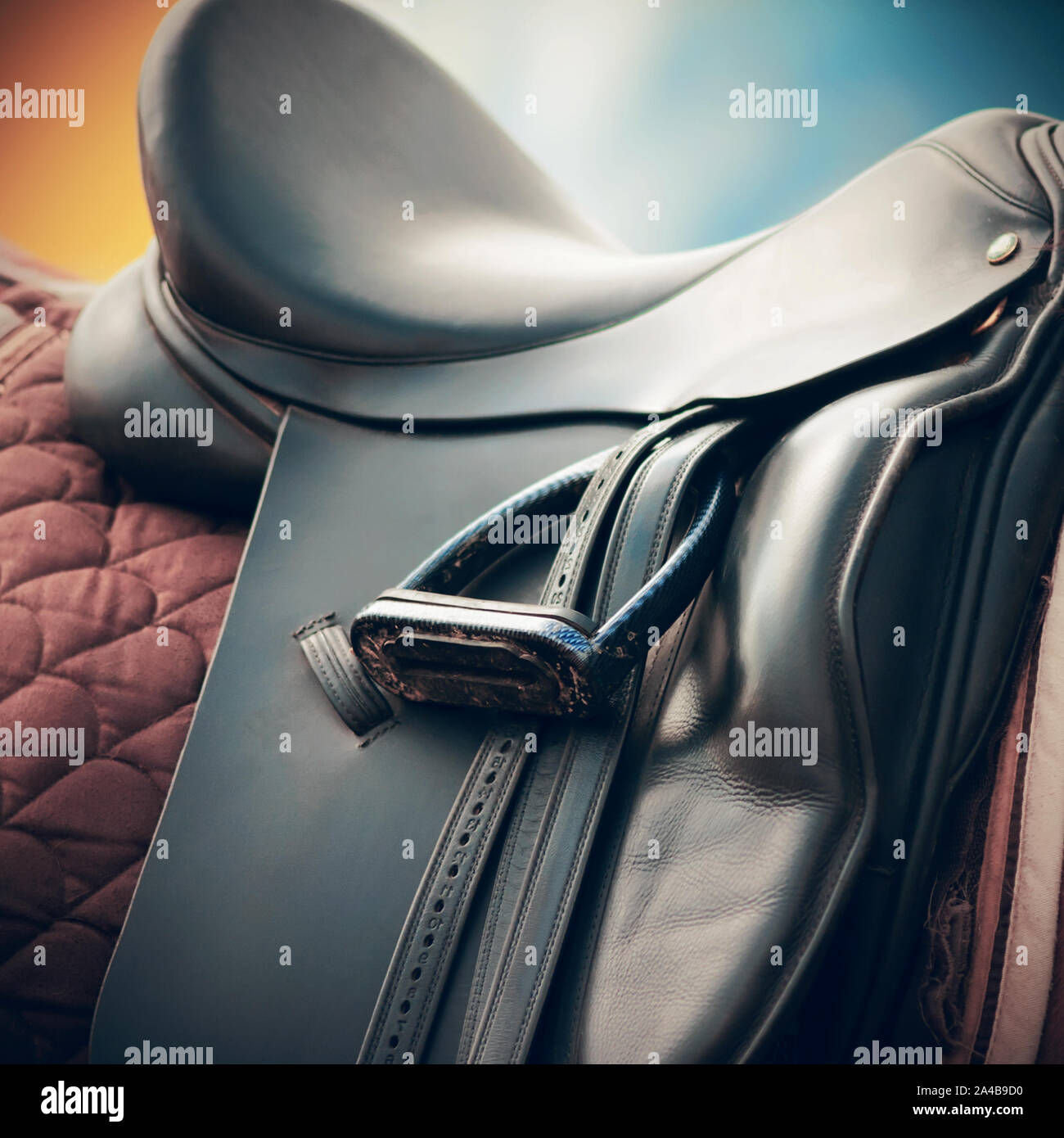 Black horse leather saddle, brown saddle blanket and stirrups with dark