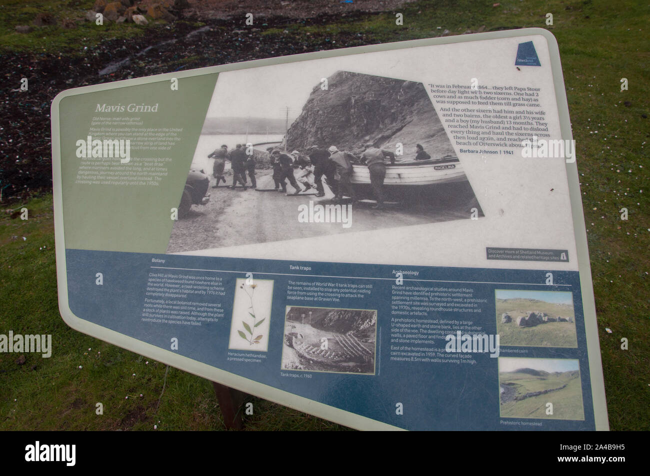 Mavis Grind information and viewpoint, Brae, Mainland Shetland, Scotland Stock Photo