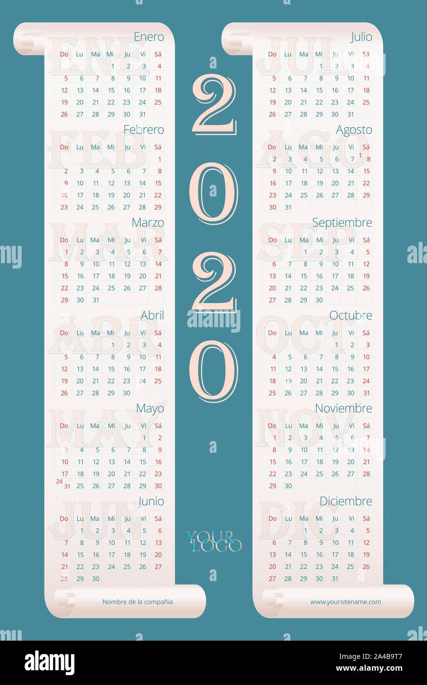 2020 Spanish American wall calendar on light gradient parchment. Calendario español. Weeks start on Sunday. Gray-blue background. Vector template 10 E Stock Vector